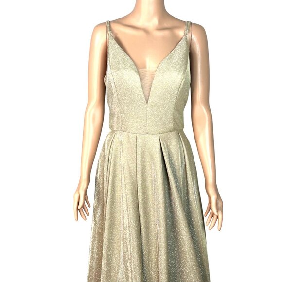 Metallic Gold Evening Gown By B. Smart With Plunging Back V-Neckline Adjustable - Picture 3 of 9